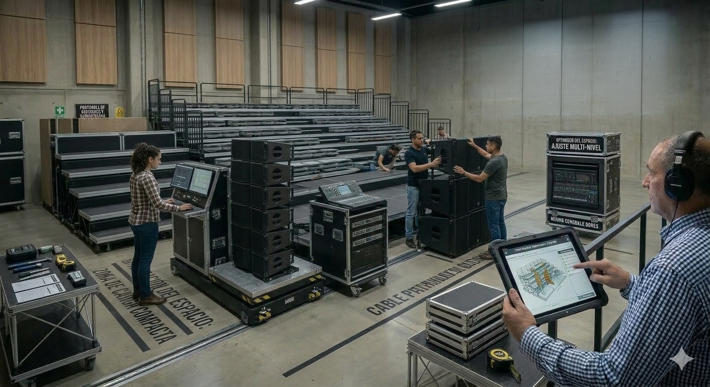 Personas organizando equipos de sonido y visuales para eventos