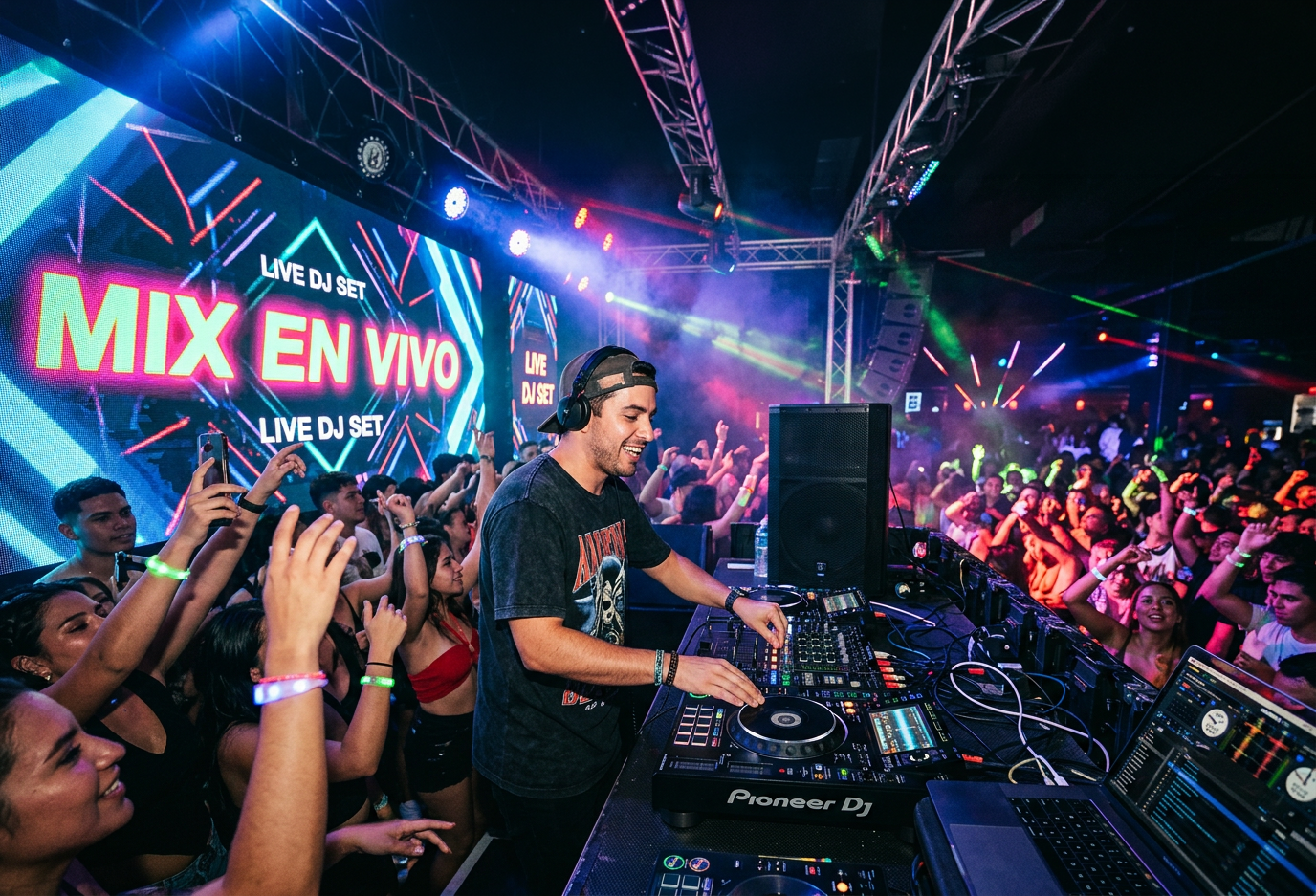Dj tocando en una fiesta haciendo mezcla en vivo