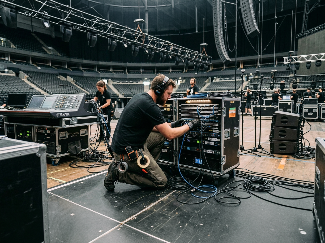 Persona haciendo el montaje del sonido para un evento